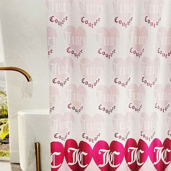Juicy Couture Home Signature Logo Heart Pattern Shower Curtain w/Hooks - Picture 2 of 5
